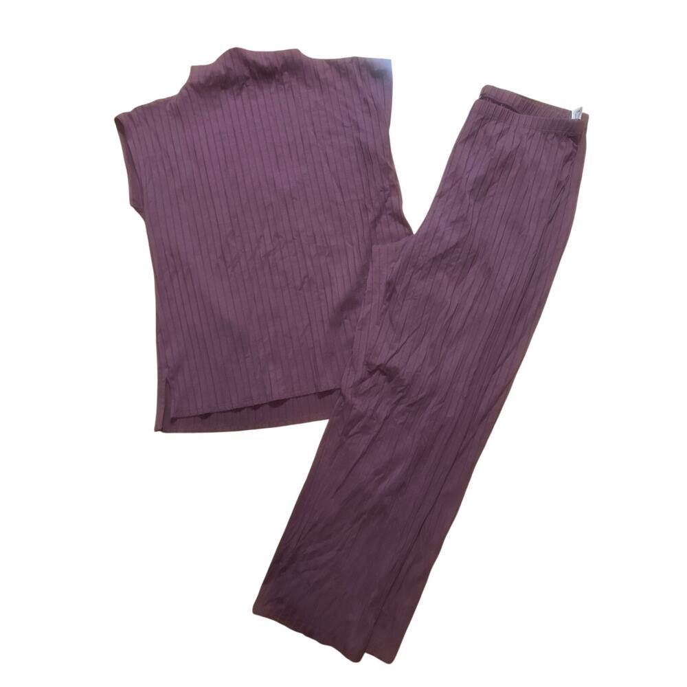 Eileen Fisher 2 Piece Set Large Plum Tencel Ribbed Tunic Top Pants